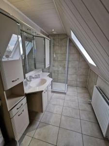 a small bathroom with a sink and a shower at Ferienhaus Regner „Das Anwesen am See“ **** in Feldberg