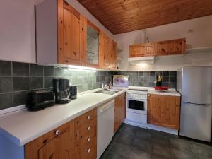 a kitchen with wooden cabinets and white appliances at Ferienhaus Regner „Das Anwesen am See“ **** in Feldberg