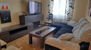 a living room with a couch and a table and a tv at ALMAALQUILER Gran Maestre 3 in Almagro