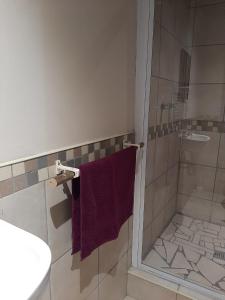 a bathroom with a shower with a purple towel at Ngwenkala Game Lodge and Safaris in Komga