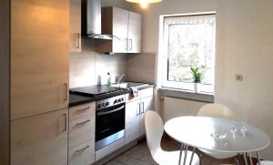 una pequeña cocina con una mesa blanca, una mesa y una ventana en Ferienwohnung auf dem Pferdehof, en Schotten