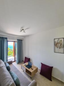 AGIOS PETROS APARTMENTS في Ágios Pétros: غرفة معيشة مع أريكة وطاولة