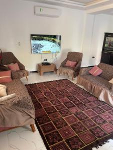 sala de estar con 2 sofás y TV en Vilaria King mariot fully air conditioned villa فيلاريا كنج مريوط فيلا مكيفه بالكامل, en Alejandría