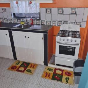 a kitchen with a stove and two mats on the floor at Sunshine Apartment in Roger