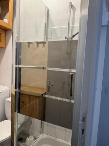 uma cabina de duche em vidro numa casa de banho com WC em APARTMENT DAMGAN VUE MER em Damgan