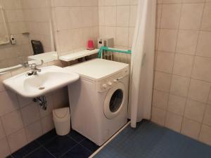 ein Badezimmer mit einer Waschmaschine und einem Waschbecken in der Unterkunft Villa Wauzi in Baabe
