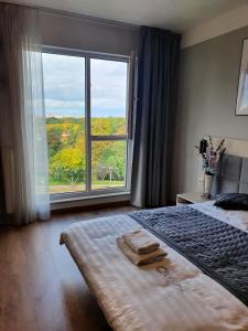 1 dormitorio con cama y ventana grande en Warsaw Apartments - Luxury Top-view Aparthotel, en Varsovia