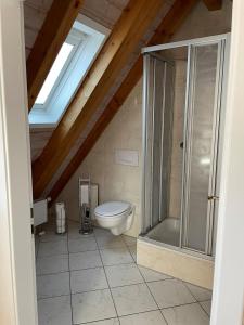 ein Bad mit einer Dusche und einem WC im Dachgeschoss in der Unterkunft Glattbacher Hof Ferienwohnung 10 in Glattbach