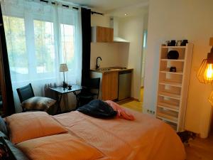 um quarto com uma cama, uma secretária e uma janela em La Lilloise Villeneuve D'Ascq GD STADE Mauroy em Villeneuve d'Ascq
