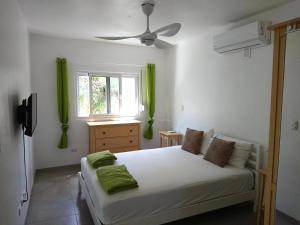 a bedroom with a bed with green curtains and a window at SolyViento 67 in Cabarete