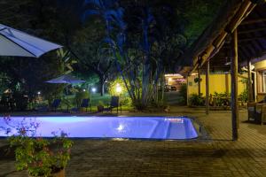 einen Swimmingpool in der Nacht mit Sonnenschirm in der Unterkunft Sunbird Lodge in Phalaborwa