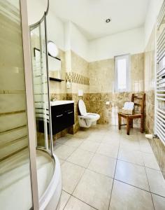 a bathroom with a shower and a toilet and a sink at Ubytování U Pekaře in Děčín