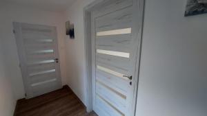 un armario con una puerta blanca en una habitación en Apartman Terezka en Jílové