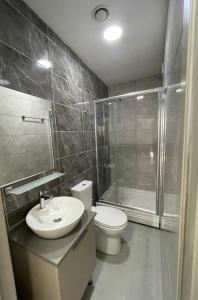 a bathroom with a sink and a toilet and a shower at Alya Rooms in North Nicosia