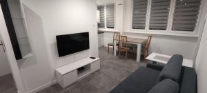 a living room with a couch and a tv at Apartament Miedzianka III in Polkowice +2 photos