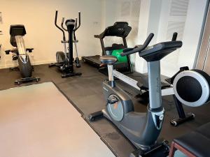 a gym with several exercise bikes and a treadmill at Les Patios de St-Pierre in Palavas-les-Flots