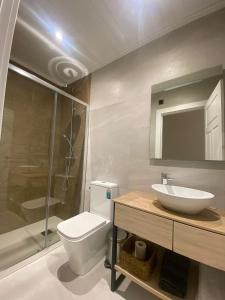 een badkamer met een toilet, een wastafel en een douche bij La Posada de San Miguel in Andújar
