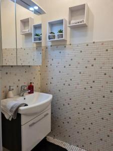 un baño con lavabo y espejo en Apartment in TOP Lage Durlacher Tor/KIT, en Karlsruhe