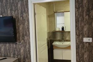 een badkamer met een wastafel en een spiegel bij Midtown Hotel Apartments 202(0+1) in Istanbul