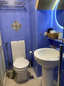 een blauwe badkamer met een toilet en een wastafel bij MONOVASIA SUITES Anopolis in Monemvasia