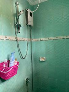 uma casa de banho com um chuveiro e uma cesta de produtos de higiene pessoal. em Entire Island home with Starlink and gated parking em Dapa