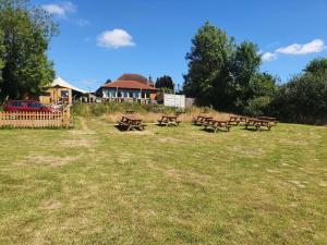 un grupo de bancos de picnic en un campo en The Carpenters Arms, en Newbury