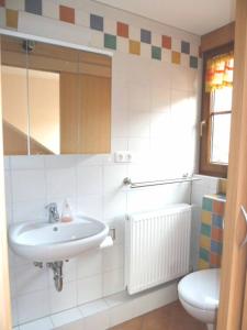 uma casa de banho com um lavatório e um WC em Ferienhof Selz em Haundorf