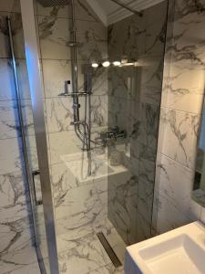 a bathroom with a shower and a sink at Chesa Montana in Ranca