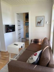 Posezení v ubytování Mysig stuga med sjötomt, nära Järvsöbacken