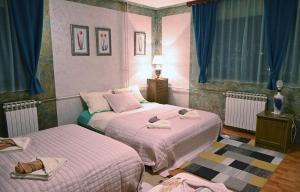 2 Betten in einem Schlafzimmer mit blauen Vorhängen in der Unterkunft Romansa in Pale