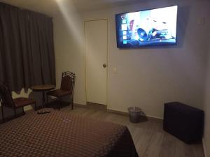 een slaapkamer met een bed en een televisie aan de muur bij HOTEL SOL in Guadalajara
