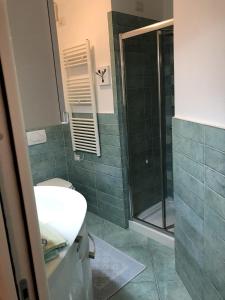 e bagno con doccia, servizi igienici e lavandino. di Appartamento in villa Porto Istana a Olbia