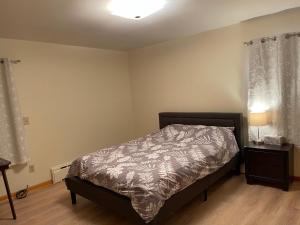 a bedroom with a bed and a lamp and a window at New Brunswick NJ Master Bedroom with private bath in New Brunswick