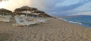 a beach with chairs and straw umbrellas and the ocean at Villaggio Turistico Europeo in Catania