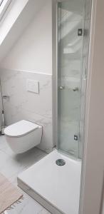 a white bathroom with a shower and a toilet at Joanna Apartment - Worms in Worms