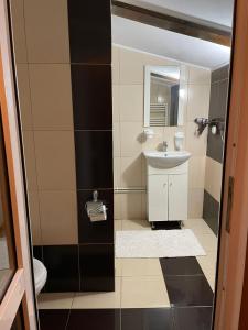 un piccolo bagno con lavandino e specchio di Hanul La Cetate - Cazare pentru muncitori și delegați a Slimnic