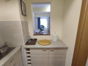 a small kitchen with a sink and a mirror at Suncani apartman 36, Brzece in Brzeće