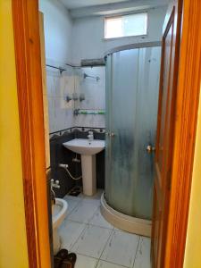 穆札法拉巴德的住宿－Hotel Karma Muzaffarabad，一间带玻璃淋浴和水槽的浴室