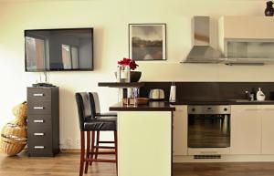 a kitchen with a counter and a stove top oven at Private holiday house Vivendi in Liptovský Mikuláš