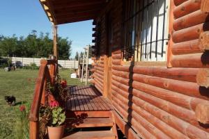 un porche de una cabaña de madera con un banco y flores en Cabaña meolos en Tandil