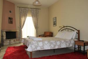 een slaapkamer met een groot bed en een open haard bij Agrafa in Kerasea