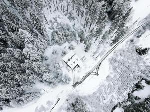 an aerial view of a house in the snow at Penzion Skaličí in Karolinka