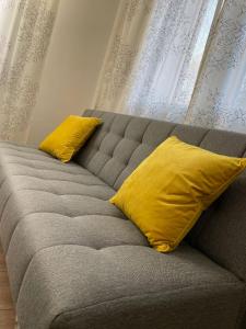 szara kanapa z dwoma żółtymi poduszkami w obiekcie Appartamento AL PARCO w Padwie