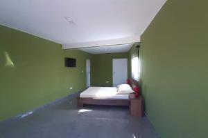 una camera con un letto su una parete verde di villa luxueuse et meublée plus de 280 m² a Antananarivo