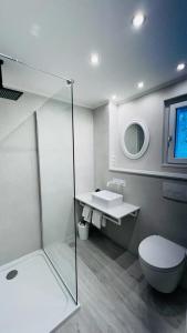 een badkamer met een douche, een toilet en een wastafel bij LeCiel Maison Lily in Bad Lauterberg