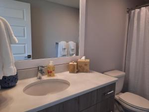 y baño con lavabo, aseo y espejo. en Portside Condos #3 - Grand Haven, en Grand Haven