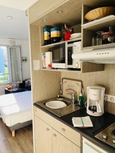 uma cozinha com um lavatório e uma cama num quarto em Appart Hôtel 3* dans une résidence de tourisme em Le Mée-sur-Seine
