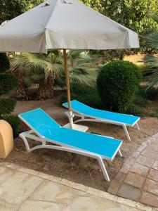 un sillón azul y blanco bajo una sombrilla en El gouna Ferienwohnung in zentraler Lage en Hurghada