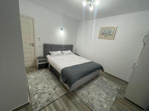 una camera bianca con un letto di Pensiunea Giulia ad Afumaţi