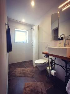 a bathroom with a white toilet and a sink at Gästesuite am Waldrand, Ausstieg auf Zeit in Heideblick